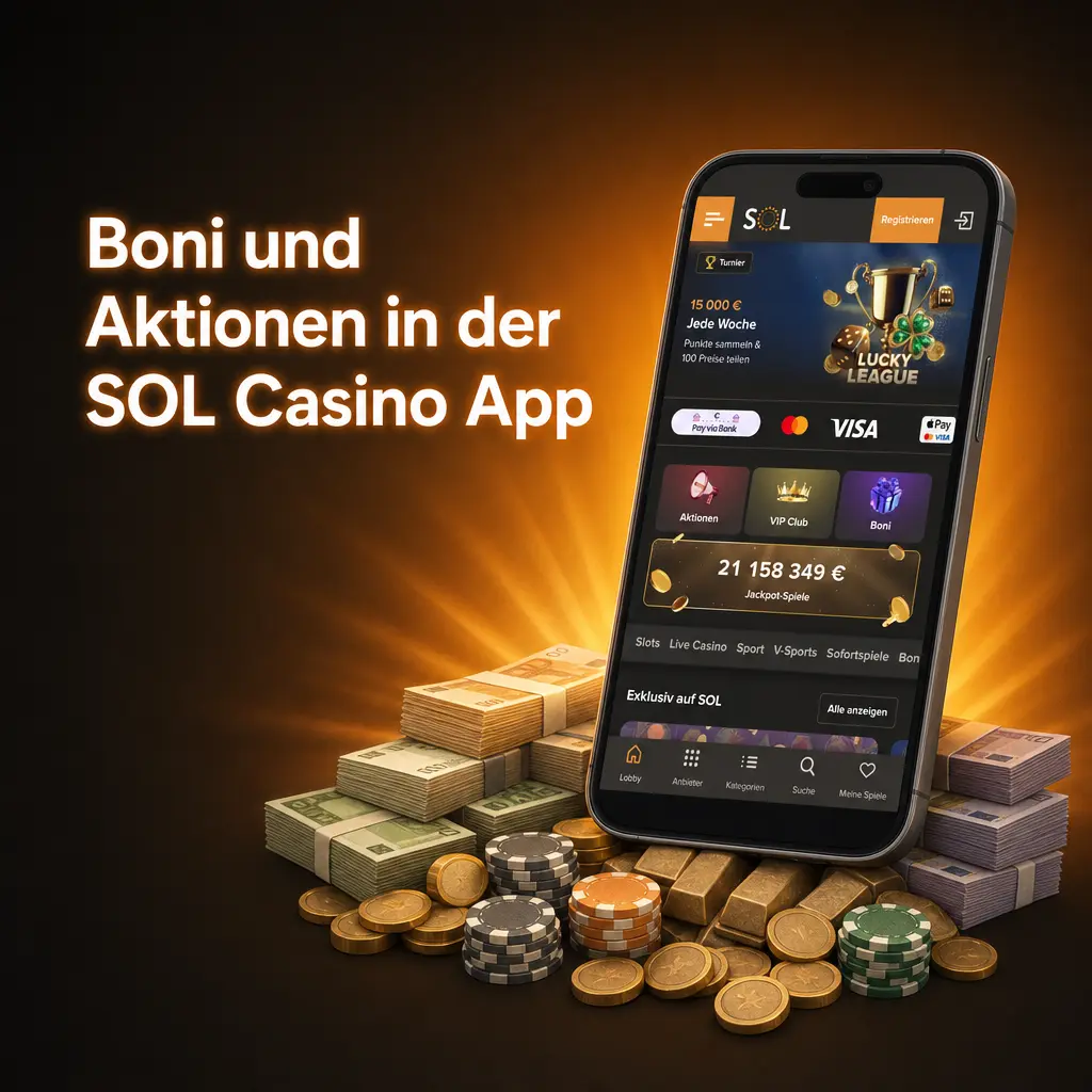 SOL Casino App Bonusbereich mit Willkommensbonus, Freispielen und Reload-Aktionen für deutsche Spieler
