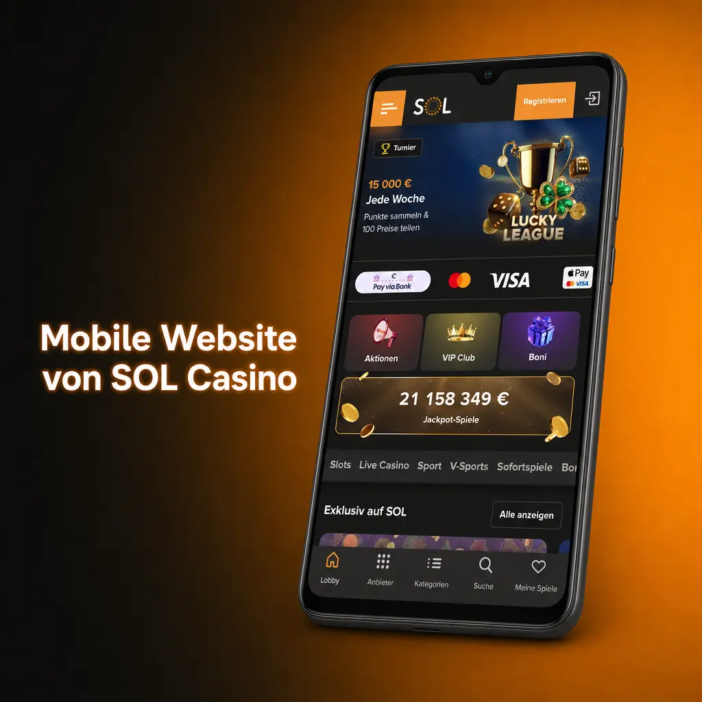Mobile Website von SOL Casino im Browser auf Smartphone – kein App-Download nötig, kompatibel mit Android und iOS