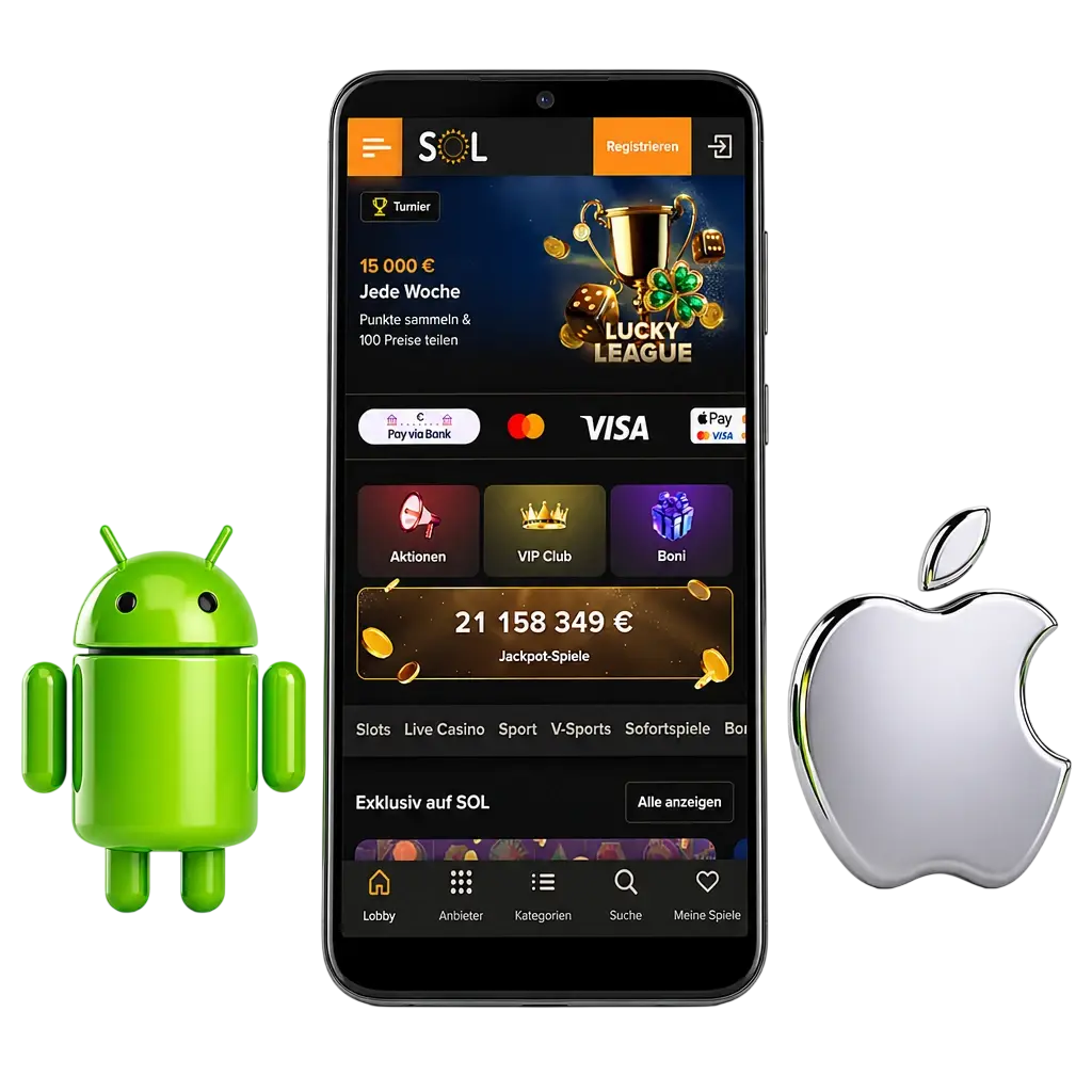 SOL Casino App für Android & iOS herunterladen – Willkommensbonus bis 600 EUR und 500 Freispiele