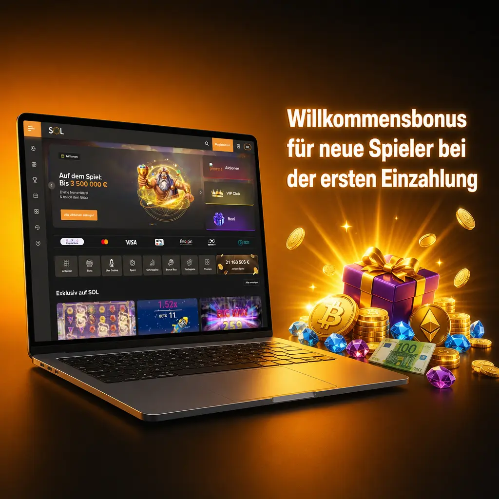 SOL Casino Willkommensbonus: 100% bis 600 EUR + 500 Freispiele oder 150% bis 100 EUR Sportwetten